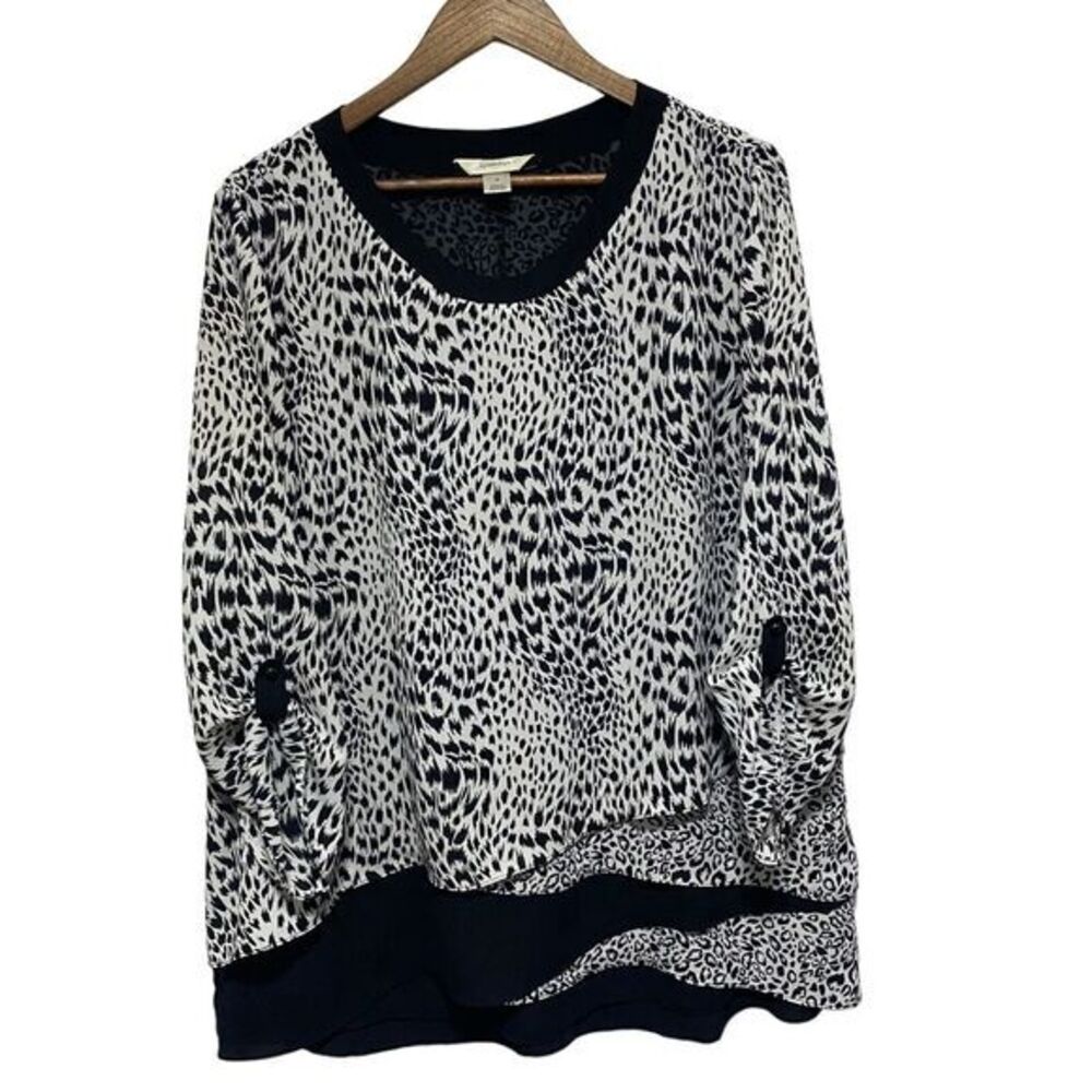 CJ Banks Blouse Womens 1X Black White Animal Print‎ Layered Roll Tab Sleeve